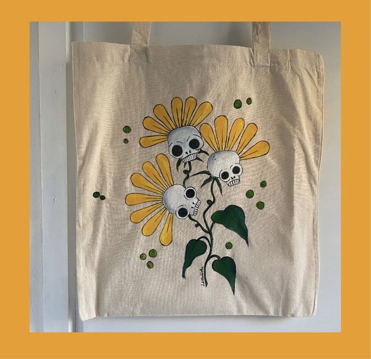 Bawełniana torba czaszki kwiaty Pinterest ręcznie malowana