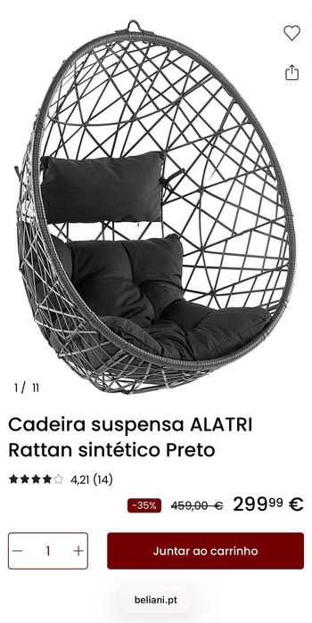 Cadeira suspensa em rattan preto com suporte e almofadas