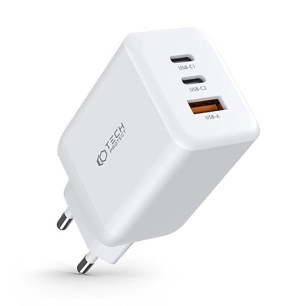 Tech-protect C65w 3-port Network Charger Pd65w/qc3.0 White
