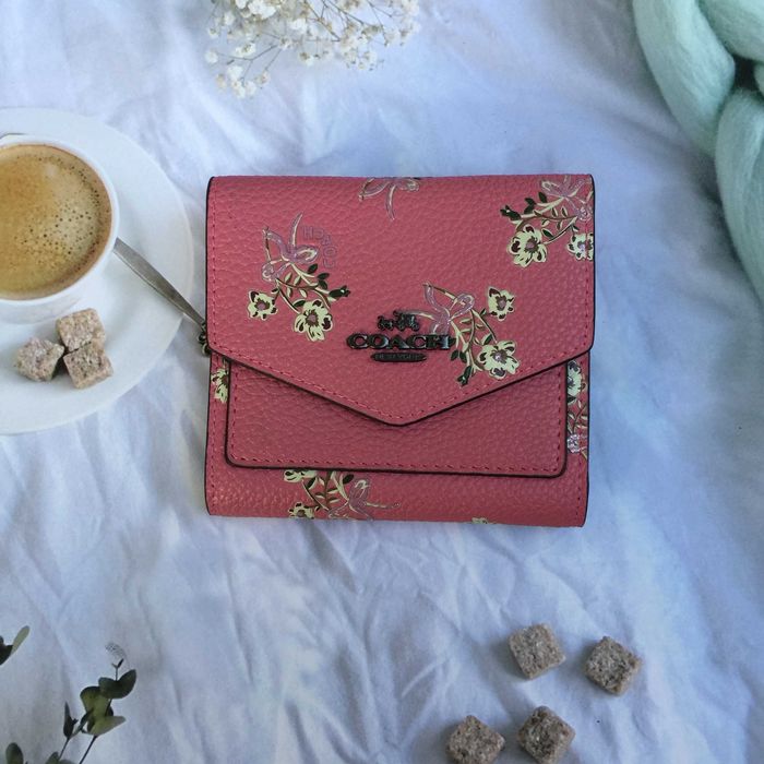 Carteira Coach Off-White Castanho e Branco com Rosa Rosa