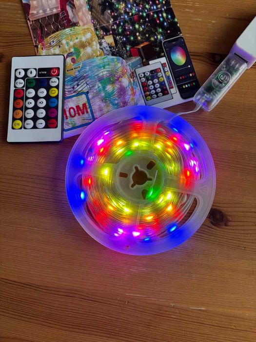 Taśma łańcuch 100-LED RGBIT 10m Pilot Bluetooth Zasilacz USB