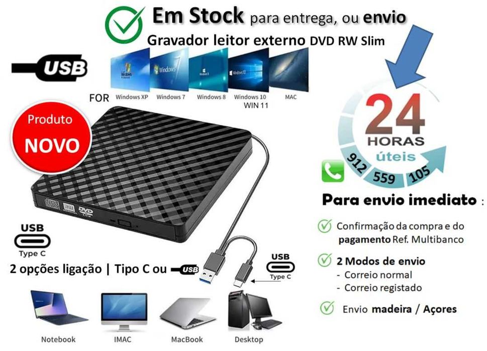 Gravador leitor externo DVD RW Slim | USB 3.0 + TIPO C