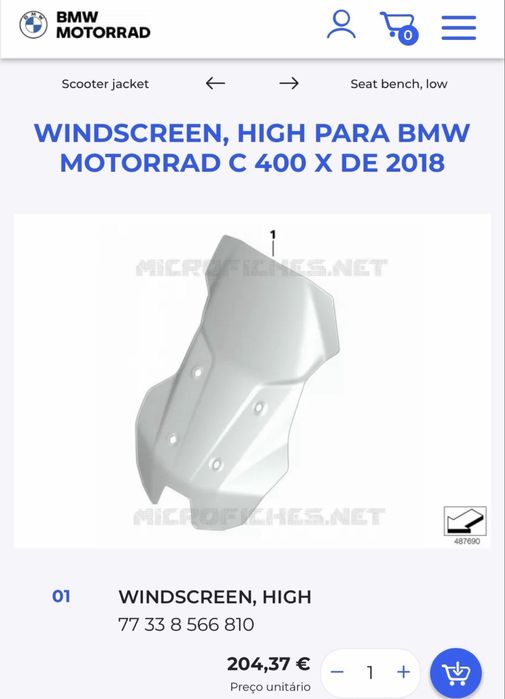Vidro alto ORIGINAL BMW para BMW C400X (NOVO)