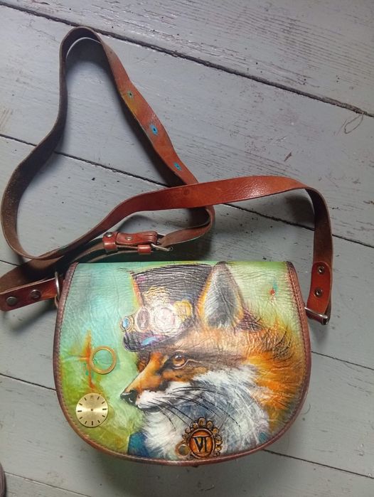 Torba malowana ręcznie . Lis Steampunk. Gruba, naturalna skóra .Sztukę