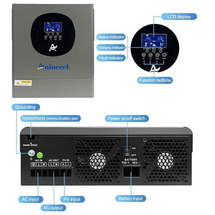 НАЛИЧИЕ Гибридный инвертор ANINEREL Anenji 2kW 12-220V WiFi 80A Тихий!