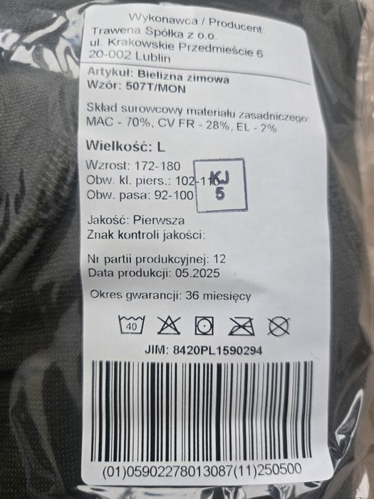 Bielizna zimowa MON, rozmiar L.
