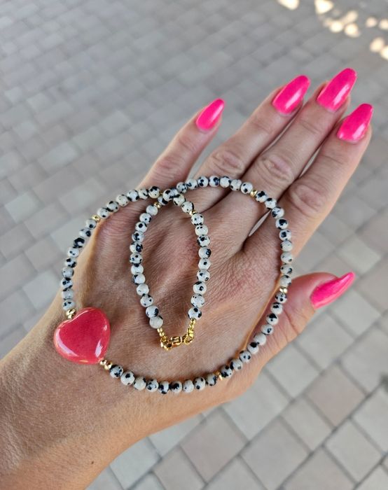 Naszyjnik Choker Kamienie Naturalne Jaspis Dalmatyński Serce Jadeit