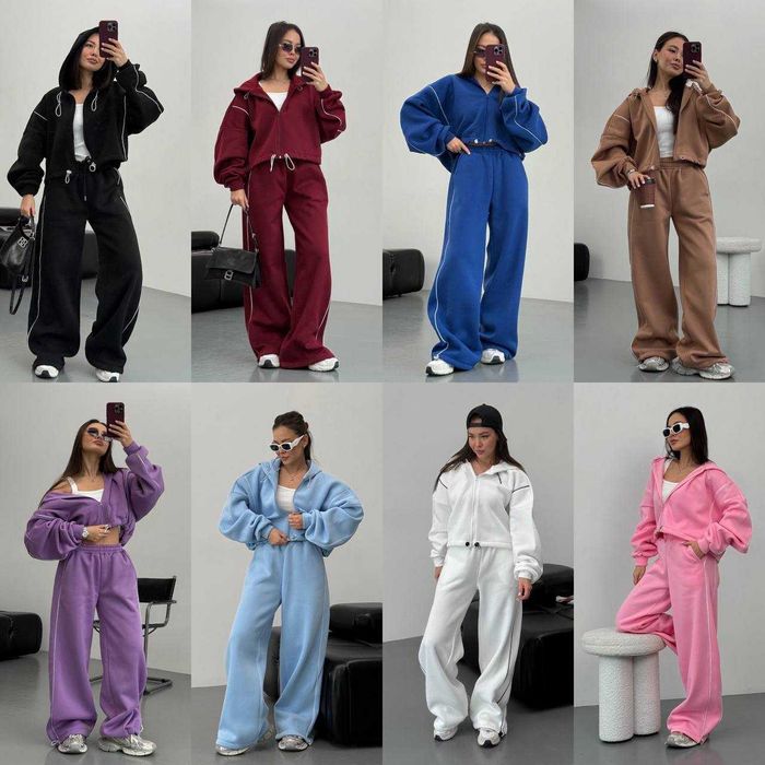 Жіночий спортивний костюм оверсайз на флісі з полосками і затяжками