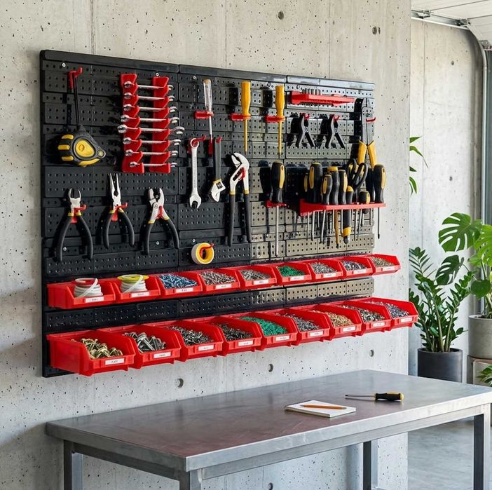 Tablica narzędziowa ścianka warsztatowa 96x76 cm 43 el. 18 kuwet perforowana półki uchwyty haki organizer do garażu NOWY GWARANCJA 24M + GRATIS