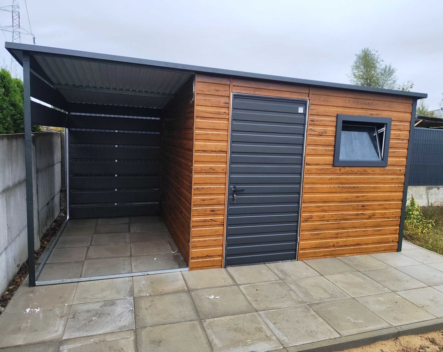 Domek Narzędziowy z Wiatką Schowek Ogrodowy Drewutnia