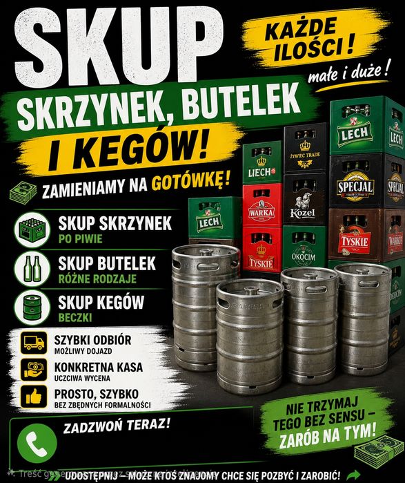 Skup butelek i skrzynek od piwa,skrzynki od wody napoi 330ml.,  skup kegów od piwa