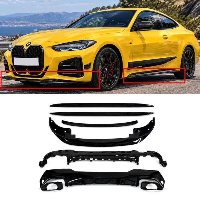Комплект обвеса M performance для BMW 4 G22  Губа переднего бампера,  Лезвия на пороги, спойлер,диффузор + насадки, тюнинг, сплиттер, БМВ Г22