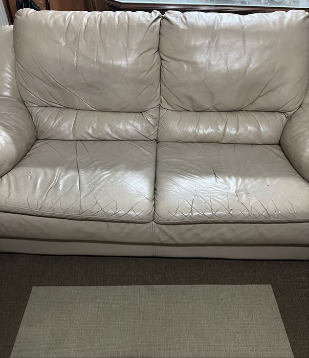 Sofá de pele na cor bege , de dois lugares .