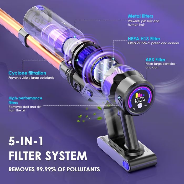 Aspirador sem cabo 500 W/60 Mins, 1,3 l aspirador de mão com escova anti-emaranhados, carregamento de parede, ecrã tátil, 6 em 1 vassoura aspirador pa
