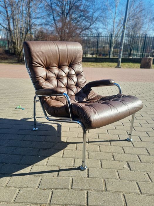 Fotel skórzany w chromie bauhaus ,skandynawski design Ikea, lata 70