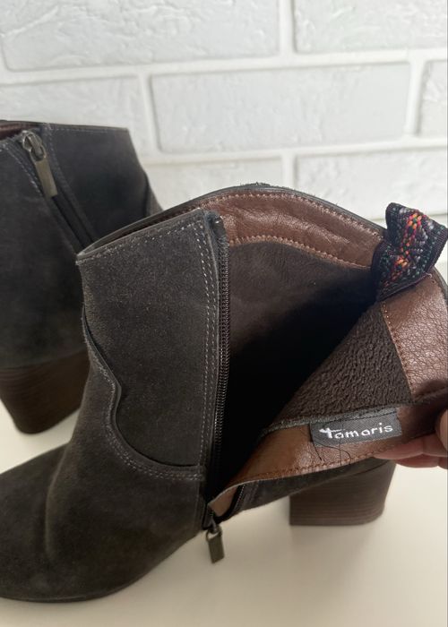 Tamaris botki kozaki brązowe zamszowe na obcasie