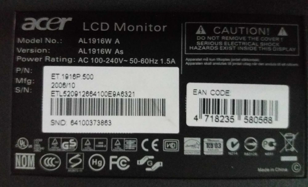 Acer Monitor 19" - Model AL1916W A64309601880322122