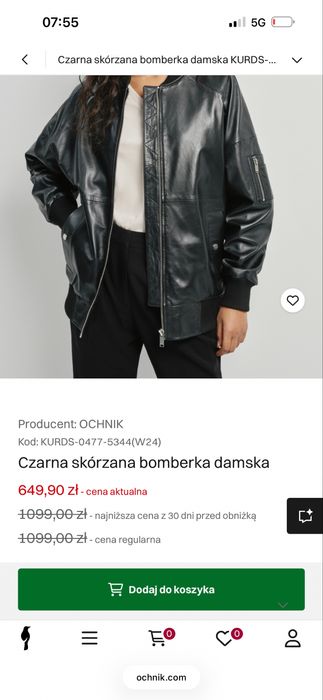 Ochnik kurtka bomberka long skóra naturalna L 40/42