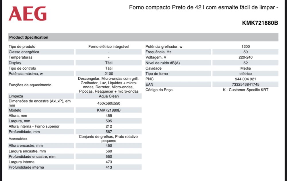 Forno Compacto AEG (forno + microondas)
