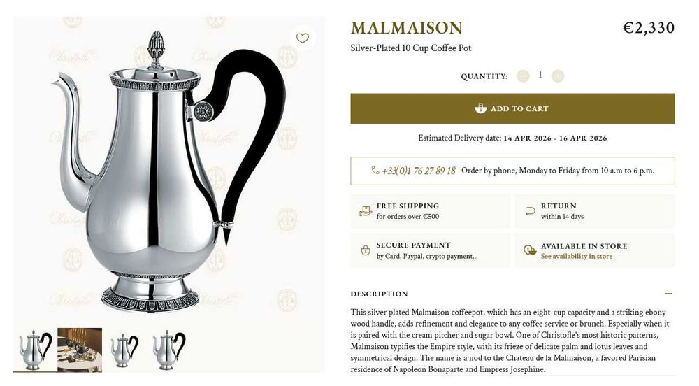Christofle serviço chá e café 'Malmaison' em casquinha de prata / bule