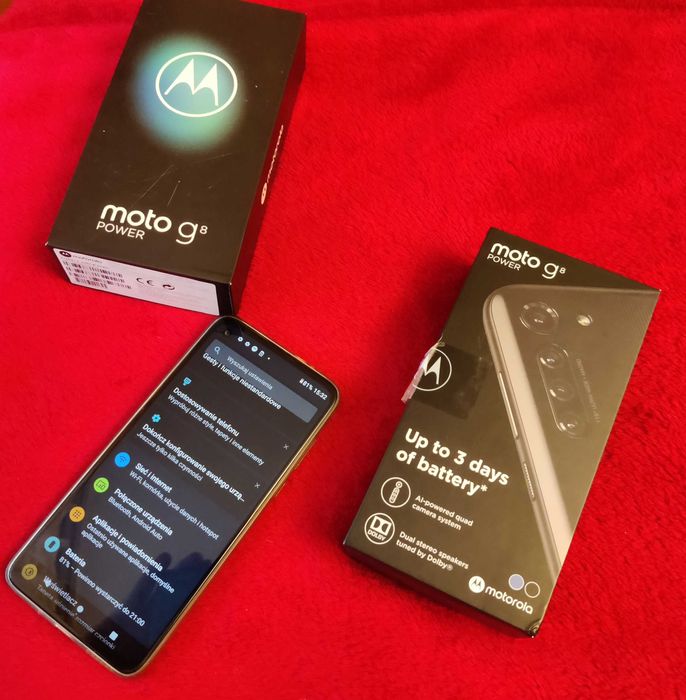 Motorola G8 Power niebieski lazurowy + etui pudełko ładowarka