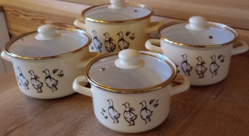 Garnek Emaliowany Floriana z pokrywką szklaną. Zestaw 4szt.