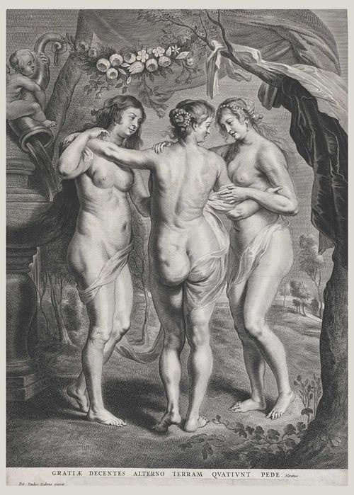 Miedzioryt z 1630 - 1674 rok, "Trzy Gracje", wymiar 38cm x 53cm