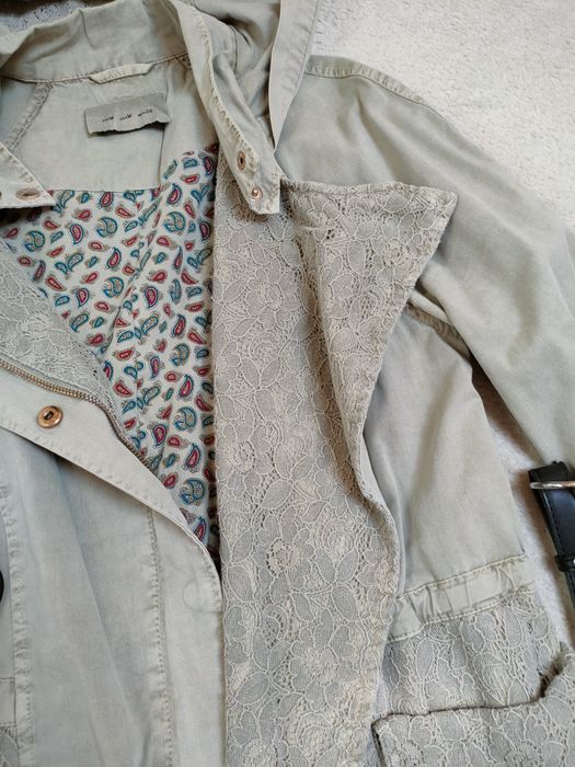 Wiosenna parka damska z koronką kapturem 38 khaki
