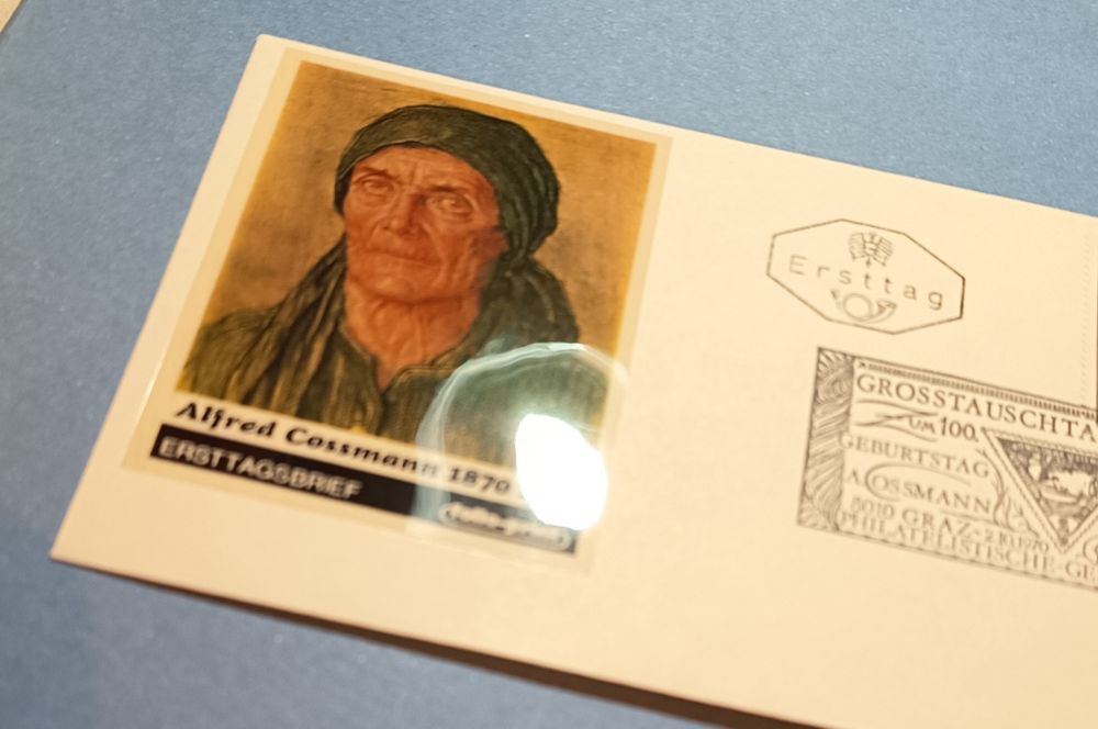FDC 100. rocznica urodzin Alfreda Cossm. Znaczek i zdjęcie