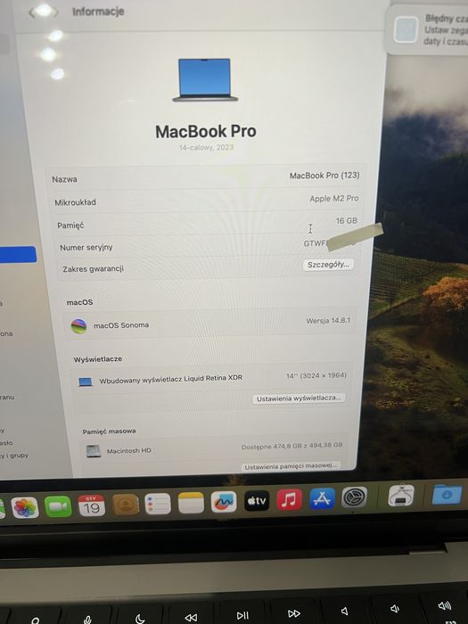 MacBook 14 PRO 16GB 512GB M2 Pro 2023 85% Baterii