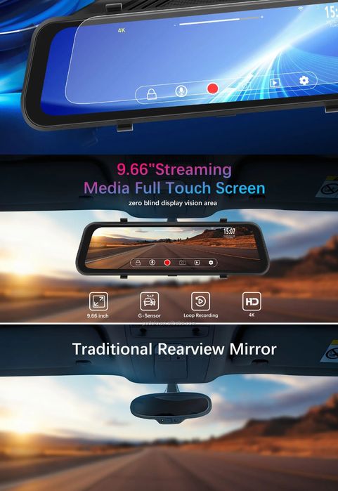 Espelho retrovisor 9,66 polegadas DashCam com 2 Câmaras 4K HD DVR NOVO