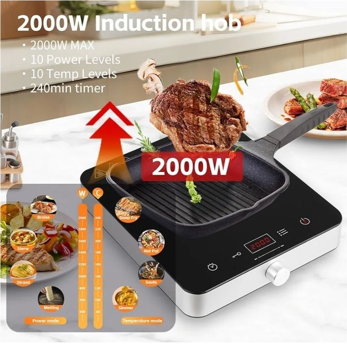 Płyta indukcyjna 2000W 10 stopni mocy timer 4h blokada dzieci
