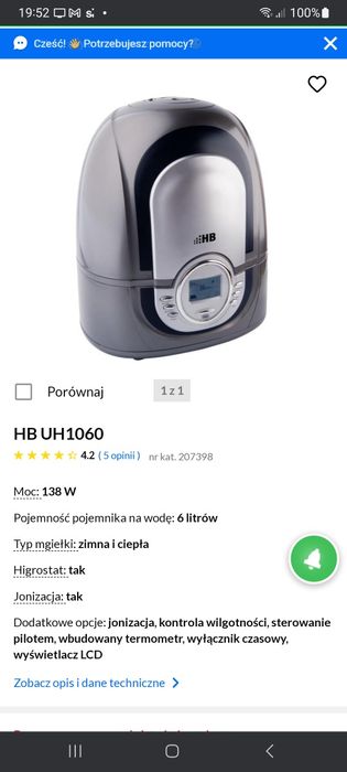 Nawilżacz ultradźwiękowy powietrza HB UH1060