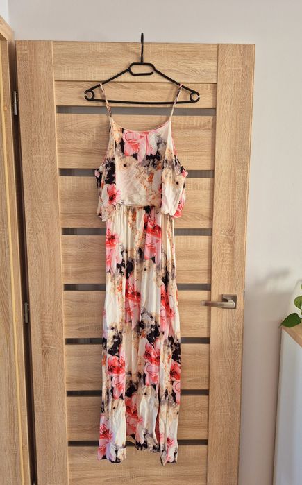 Zmysłowa długa sukienka maxi na ramiączkach S 36 w kwiaty na komunię