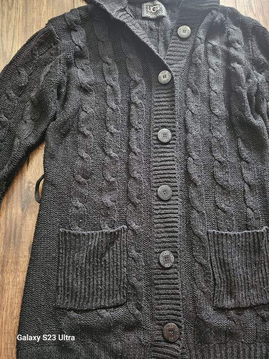 Długi sweter rozpinany kardigan warkocz zapinany kapturem UGG L/40