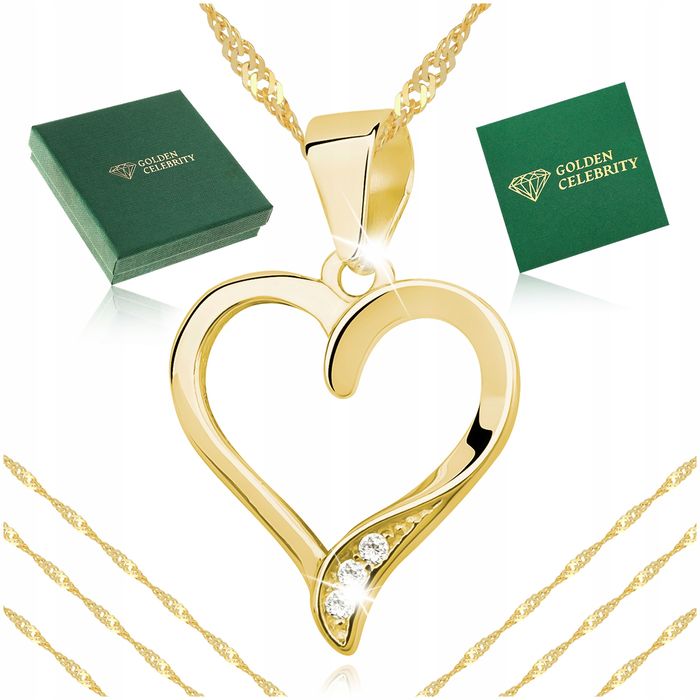 Złoty Łańcuszek Damski Serduszko Naszyjnik Z Zawieszką Z Cyrkoniami 92