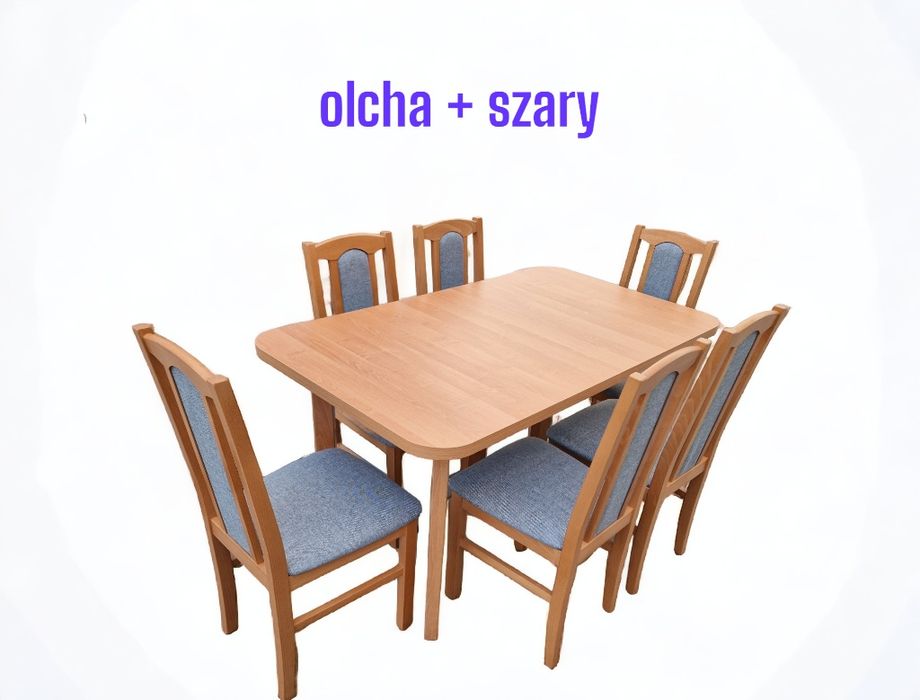 Nowe: Stół 80x140/180 + 6 krzeseł, OLCHA + SZARY, od ręki