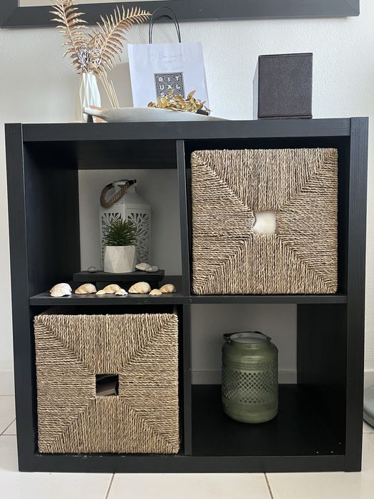 KALLAX Estante, pret-cast, 77x77 cm + 2 gavetas em palhinha