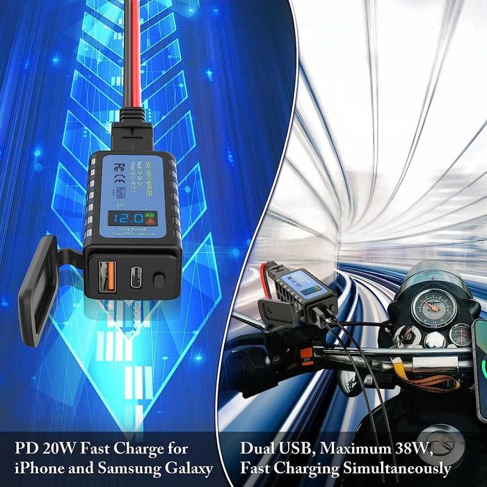 Ładowarka motocyklowa USB QC3.0 12V z woltomierzem