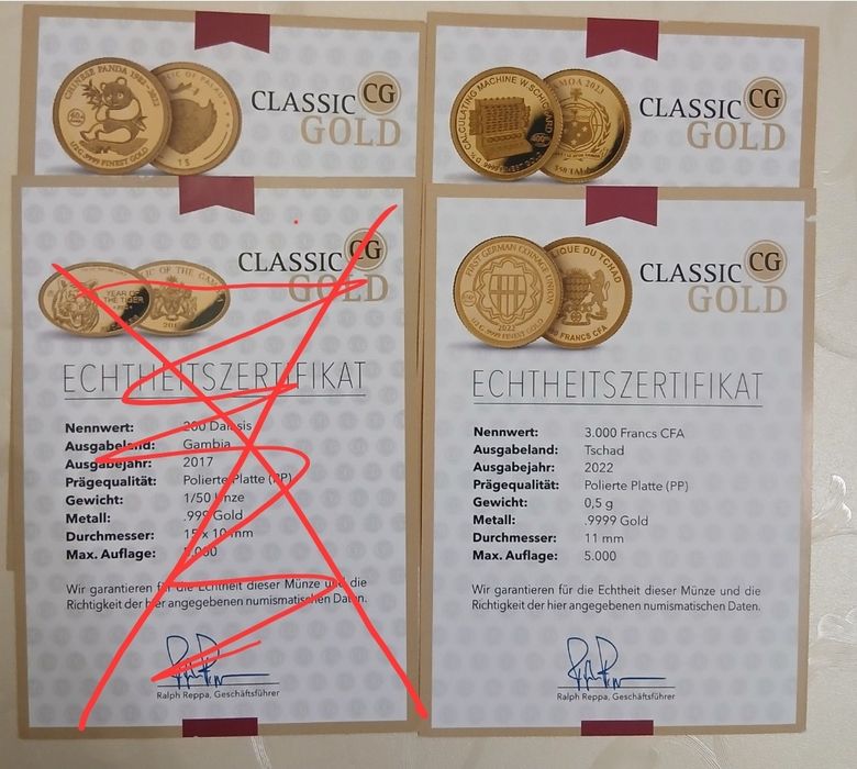 10 золотых монет 999.9 пробы, с сертификатами