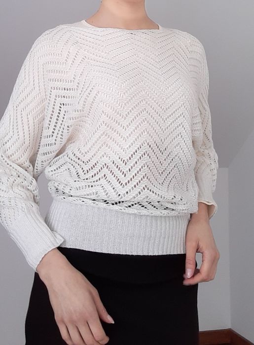 Parisian chic Biały ażurowy sweter wełna i bawełna Preppy Classy