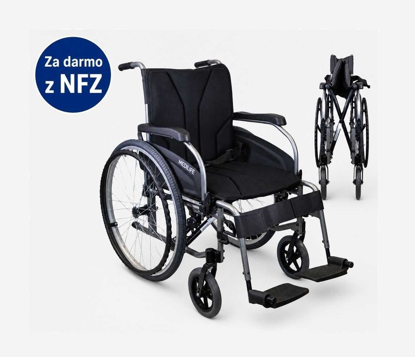 Wózek inwalidzki ZA DARMO ze zleceniem od LEKARZA RODZINNEGO POZ - Medilife U6. Aluminiowy, pompowane koła, składany, 15kg.