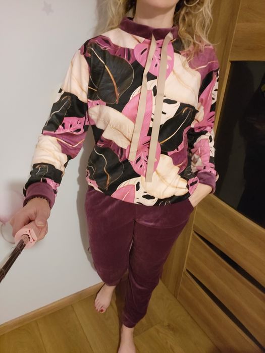 Welurowy komplet dres fioletowy bluzka spodnie