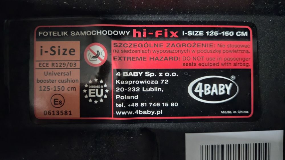 Fotelik samochodowy, podstawka Isofix 125-150cm