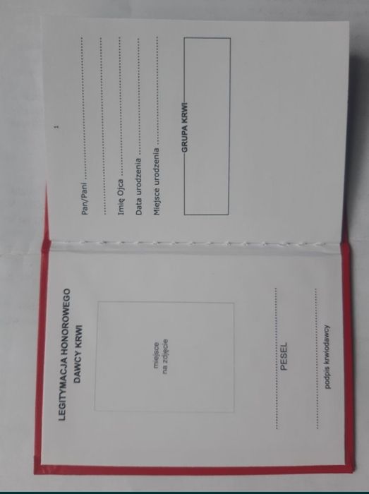 Legitymacja książeczka honorowego dawcy krwi hdk