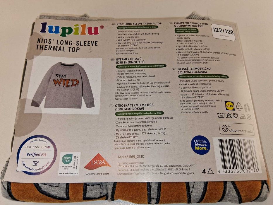 A179 Lupilu Dziecięca Koszulka Termiczna Długi Rękaw Wild Rozm 122/128