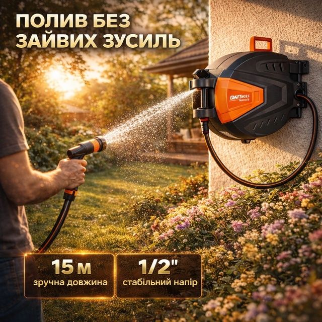 Котушка для шланга з автоматичним намотуванням, 15 м + 1,5 м, 1/2" KRAFT&DELE Садова котушка, садовий шланг, катушка шланг PARKSIDE