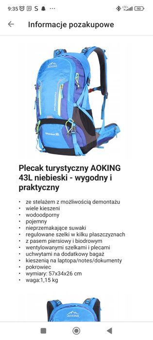 Plecak ze zdejmowanym stelażem 43l nowy