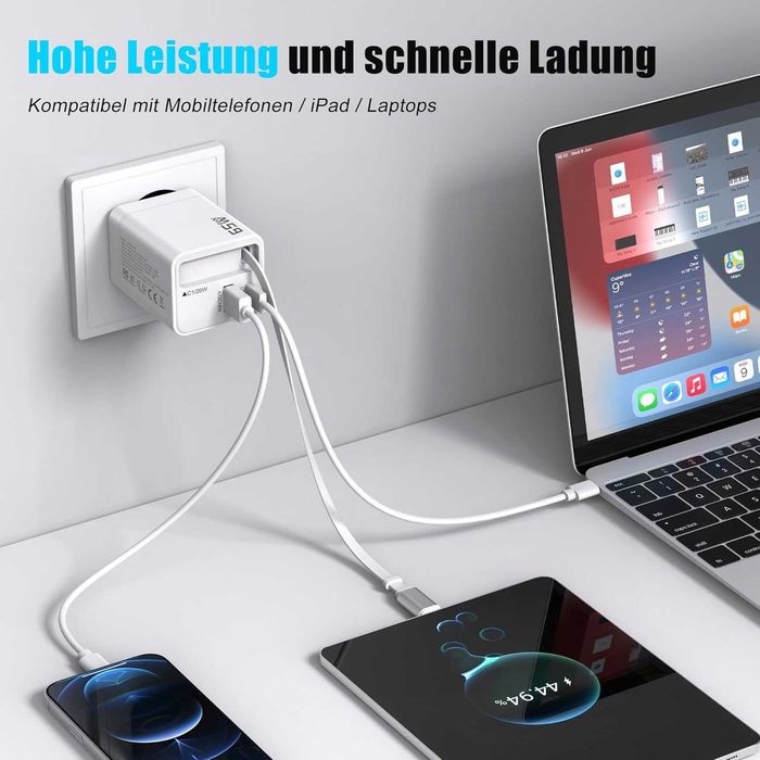 ładowarka USB-C 65 W, 3-portowy zasilacz sieciowy, szybka ładowarka