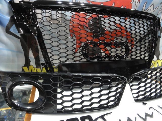 Grelha frontal + grelhas faróis nevoeiro Audi A4 B8 08-11 RS LOOK preto brilhante + suporte de símb.